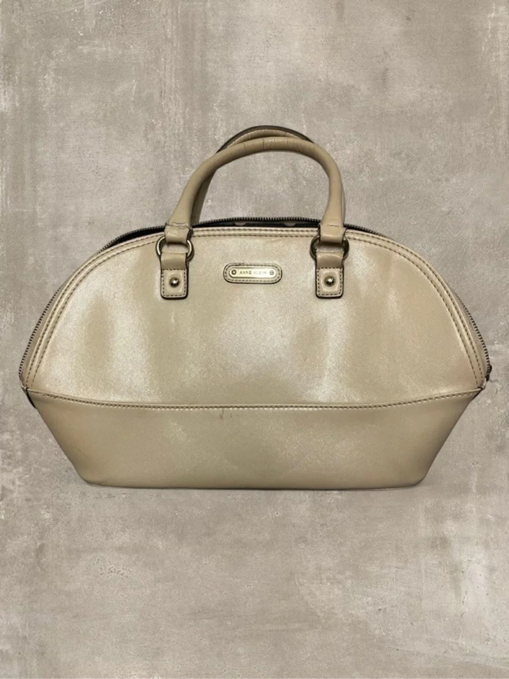 Anne Klein Structured Dome Satchel Beige Faux Leather Top Handle Bag